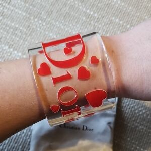 Dior ❤️ Logo Clear Resin Cuff Bracelet Red Hearts